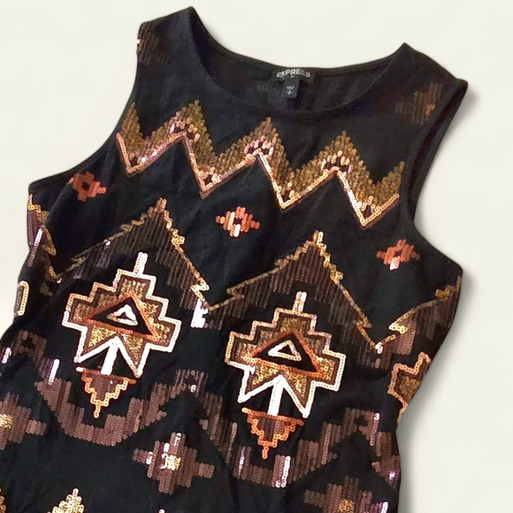 Express Y2K Bodycon Mini Dress Aztec Design Copper Gold Sequins Sexy P/S - Picture 8 of 12